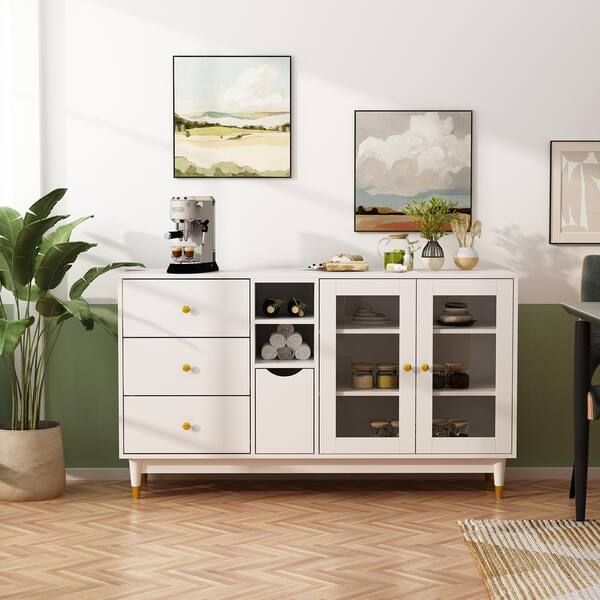 Fufu&gaga White Wooden 55.1 In. Width, Sideboard, Accent Storage Cabinet  With 3 Drawers, 1 Door & 6 Shelves Lbb Kf020259 02 C – The Home Depot Inside 3 Drawers Sideboards Storage Cabinet (Photo 4 of 15)