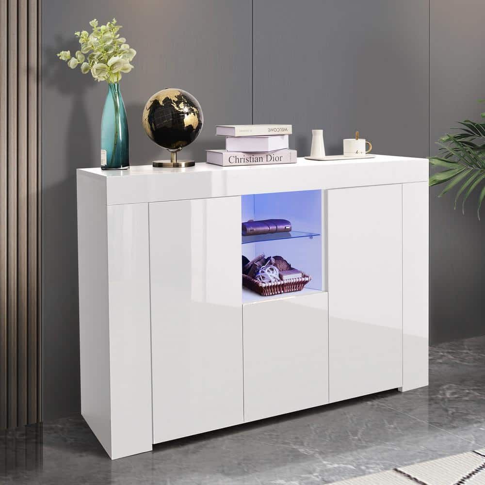 Godeer White Kitchen Sideboard Cupboard With Led Light And 2 Doors, High  Gloss Dining Room Buffet Storage Cabinet A775w44477 – The Home Depot With Sideboards With Led Light (View 7 of 15)