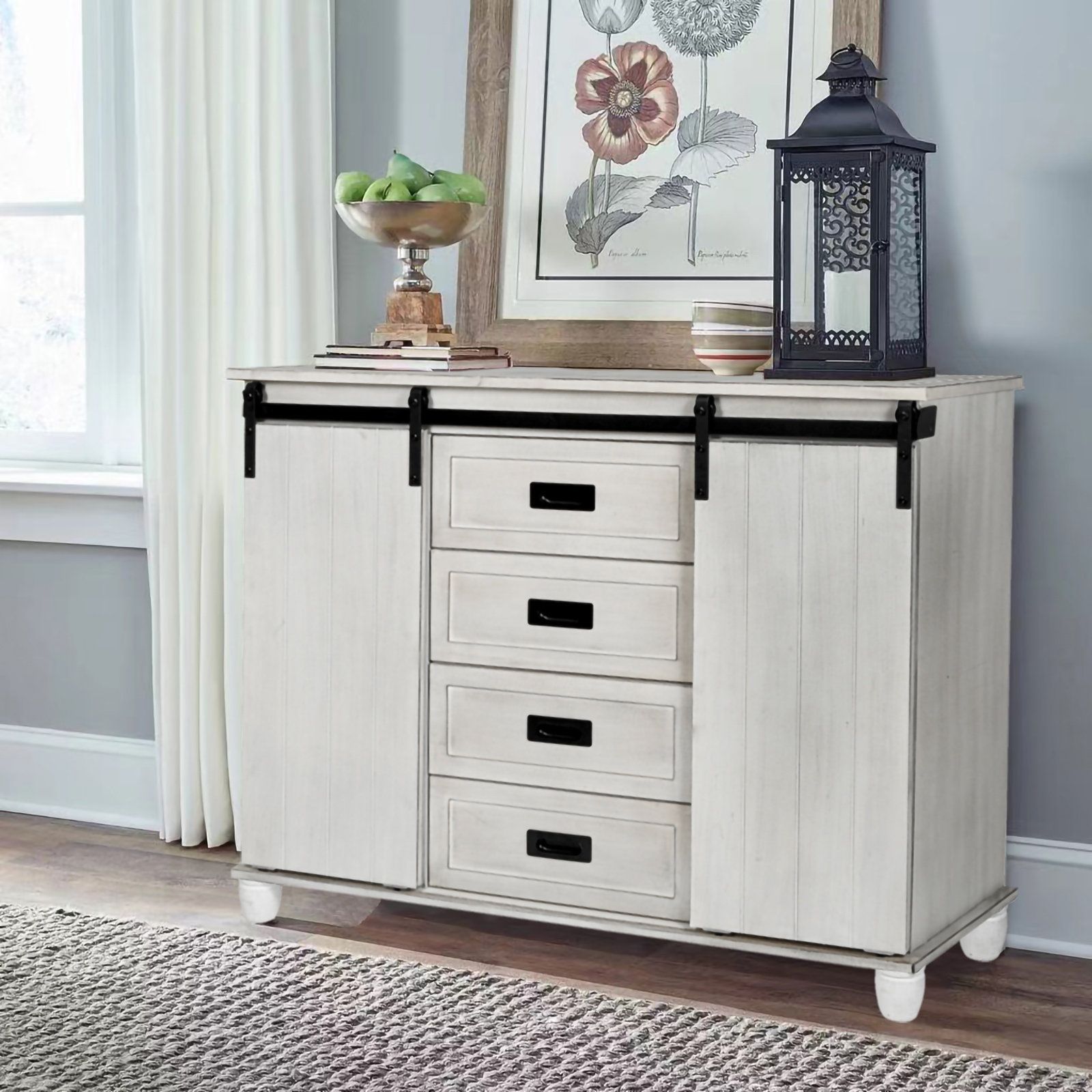 Gracie Oaks Redgate 45" Wide White Storage Cabinet Sideboard With 4 Drawers  And 2 Sliding Barn Doors & Reviews | Wayfair Inside Sideboards Double Barn Door Buffet (View 9 of 15)