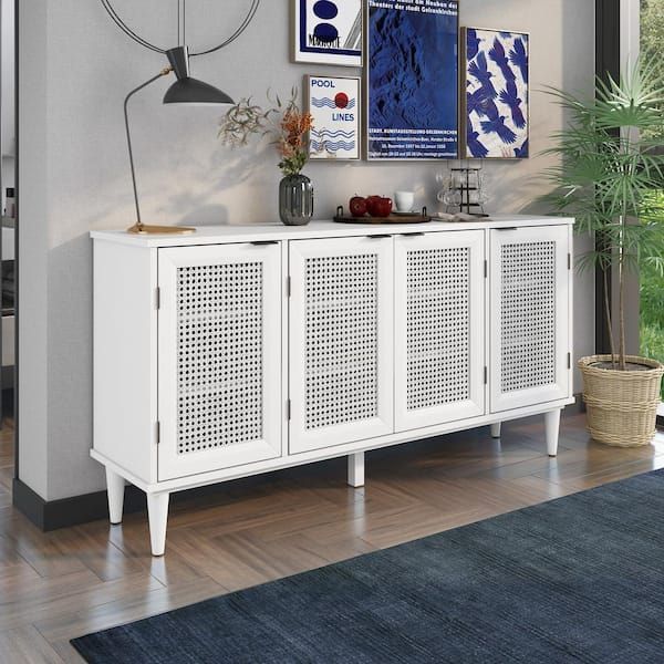 Harper & Bright Designs Large Storage White Sideboard Buffet With  Artificial Rattan Door Xw026aak – The Home Depot With Assembled Rattan Buffet Sideboards (Photo 14 of 15)