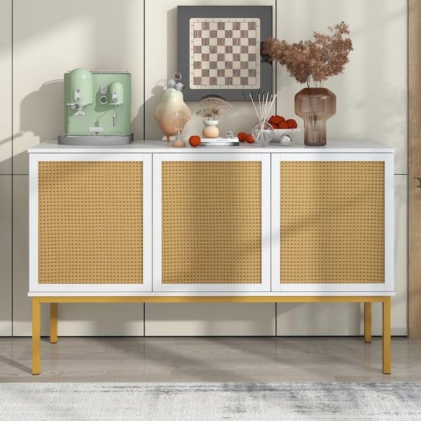 Harper & Bright Designs White Mdf 53.9 In. Sideboard With Adjustable Shelves  And 3 Rattan Doors Xw080aak – The Home Depot Intended For Sideboards With Adjustable Shelves (Photo 14 of 15)