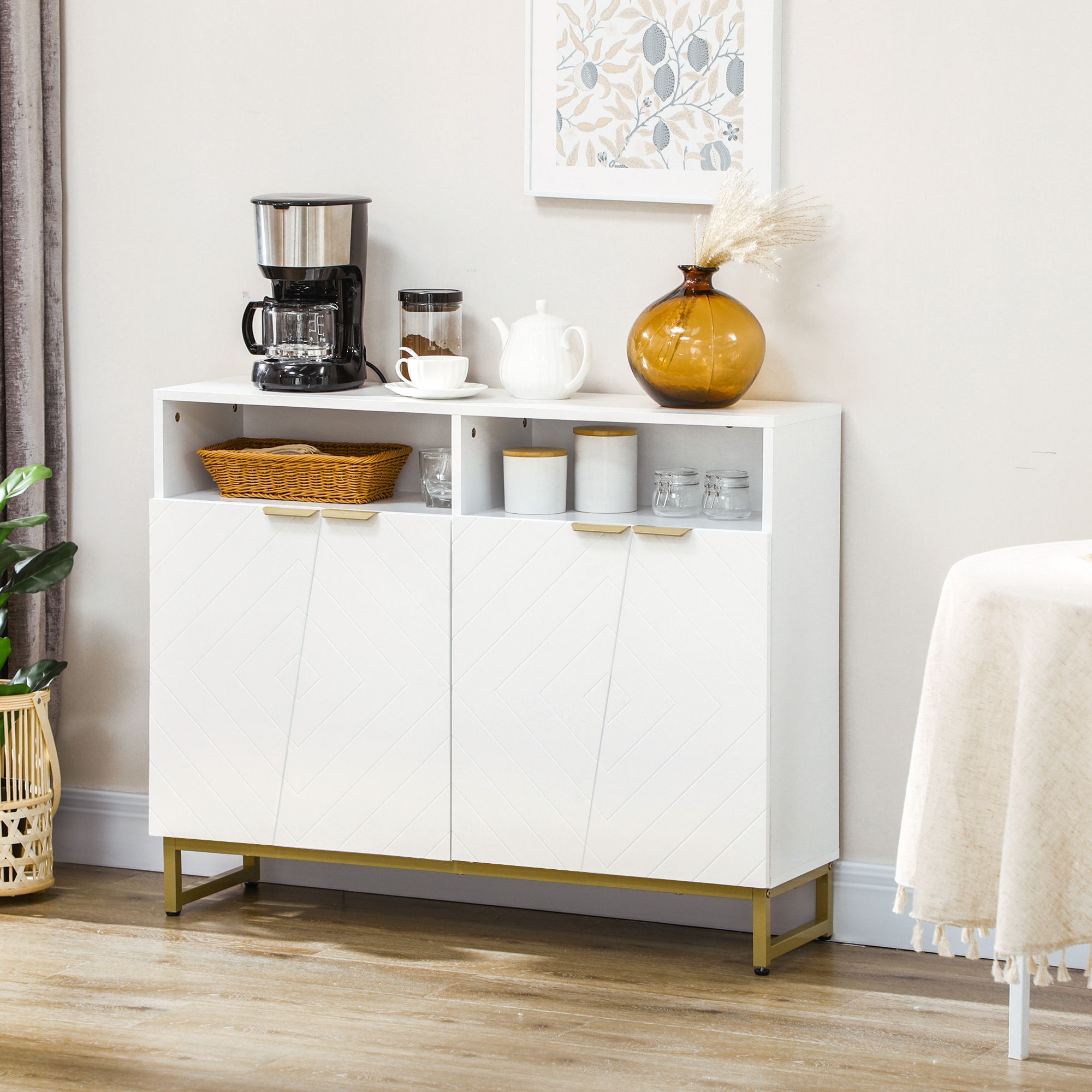Homcom Accent Sideboards, Kitchen Storage Cabinet With 4 Doors, Adjustable  Shelves, Metal Base For Living Room, Hallway, White | Aosom Canada Throughout Sideboards With Adjustable Shelves (View 11 of 15)