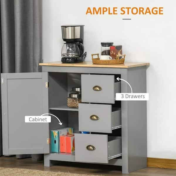 Homcom Grey Floor Cabinet, Storage Sideboard With Rubberwood Top, 3 Drawers  838 187gy – The Home Depot For Sideboards With Rubberwood Top (View 9 of 15)