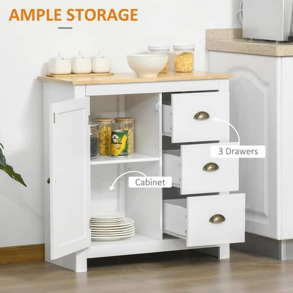 Homcom White Floor Cabinet, Storage Sideboard With Rubberwood Top,  3 Drawers 838 187wt – The Home Depot Inside Sideboards With Rubberwood Top (View 13 of 15)
