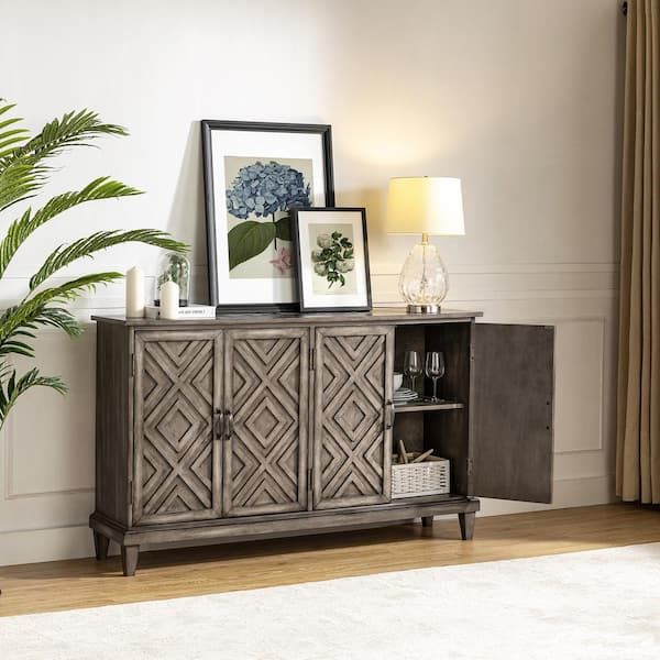 Jayden Creation Arne 60'' Wide Traditional Solid Wood 4 Doors Geometric  Patterns Storage Sideboard With Adjustable Shelves  Grey Sbty0656 Gry – The  Home Depot Throughout Geometric Sideboards (View 6 of 15)