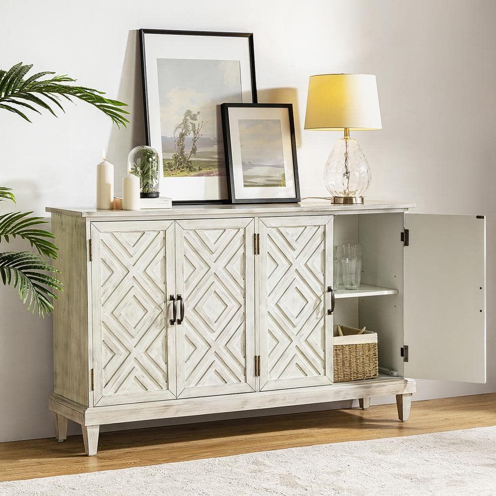 Jayden Creation Arne 60'' Wide Traditional Solid Wood 4 Doors Geometric  Patterns Storage Sideboard With Adjustable Shelves White Sbty0656 Wte – The  Home Depot For Geometric Sideboards (Photo 3 of 15)