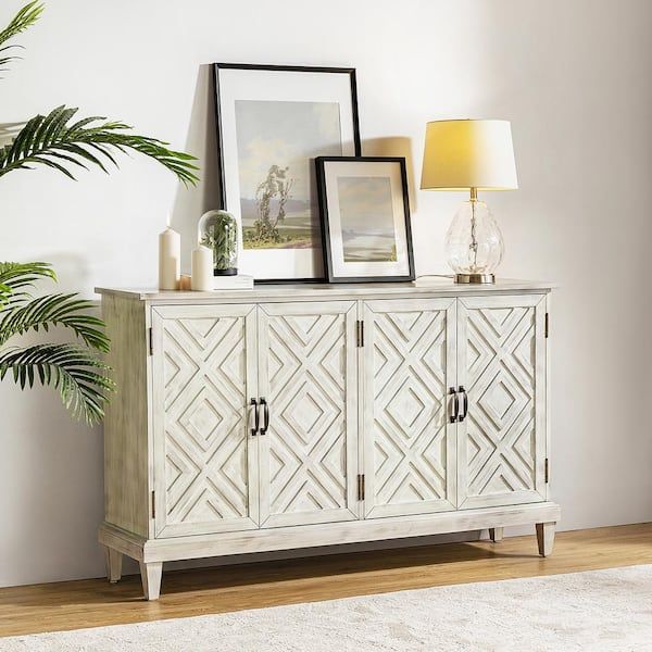 Jayden Creation Arne 60'' Wide Traditional Solid Wood 4 Doors Geometric  Patterns Storage Sideboard With Adjustable Shelves White Sbty0656 Wte – The  Home Depot Inside Geometric Sideboards (View 8 of 15)