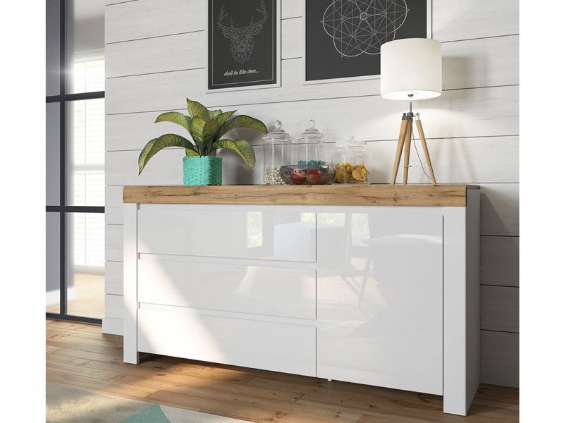 Large Sideboard Unit 3 Drawer Cabinet White Gloss/oak Scandinavian | Impact  Furniture Pertaining To White Sideboards For Living Room (Photo 8 of 15)