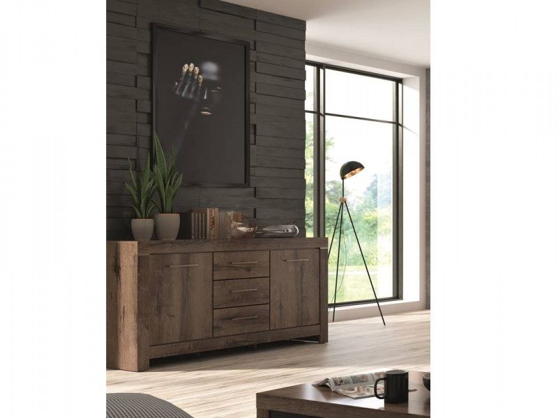 Modern Living Room Wide Sideboard Dresser Storage Cabinet 2 Door Unit With 3  Drawers Oak/black Effect | Impact Furniture Pertaining To 3 Drawers Sideboards Storage Cabinet (View 8 of 15)