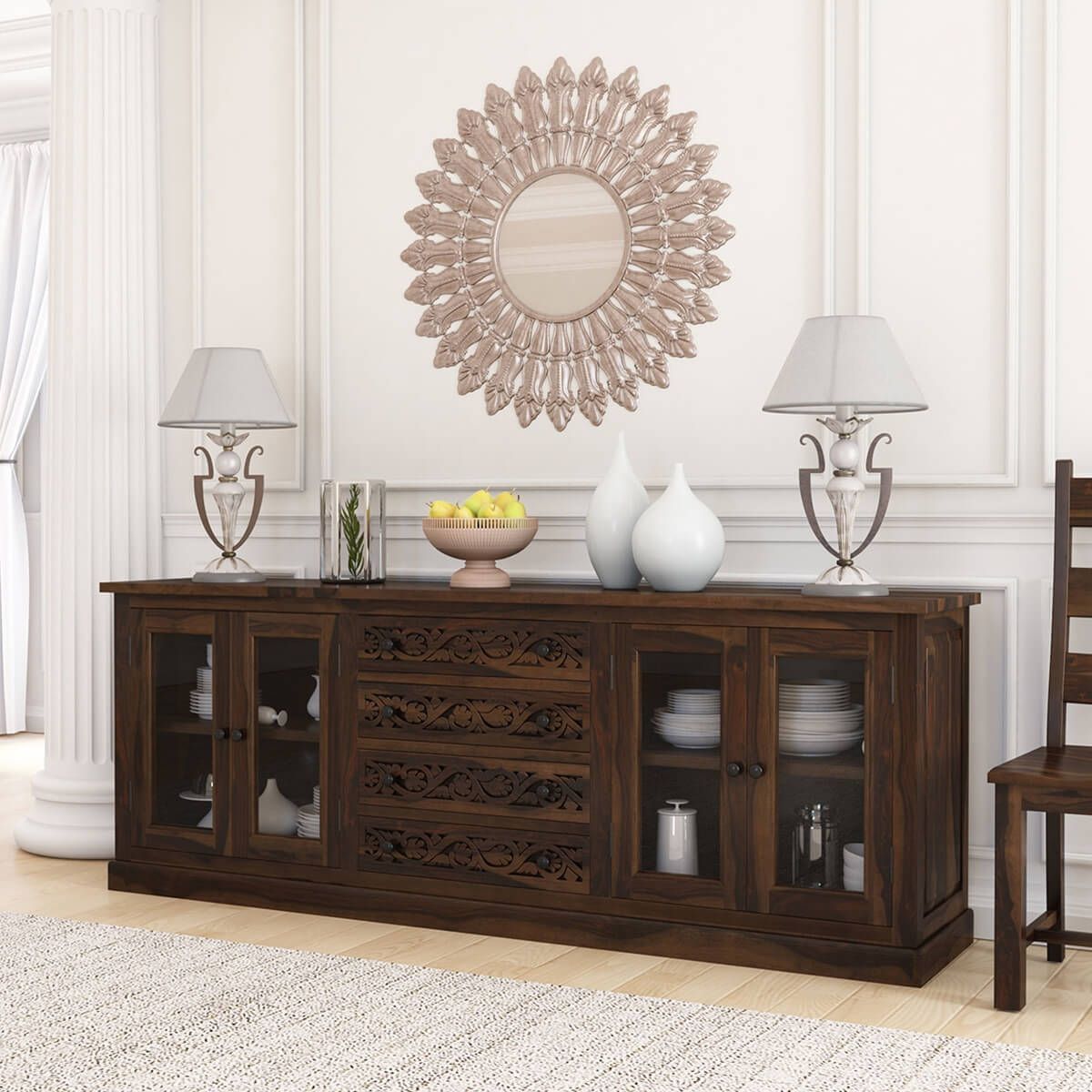 Modern Pioneer Rustic Solid Wood Glass Door Extra Large Buffet Cabinet With Sideboard Buffet Cabinets (Photo 15 of 15)