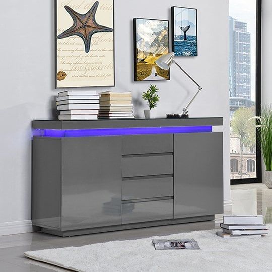 Odessa Grey High Gloss Sideboard With 2 Door 4 Drawer And Led | Furniture  In Fashion Regarding Sideboards With Led Light (Photo 9 of 15)