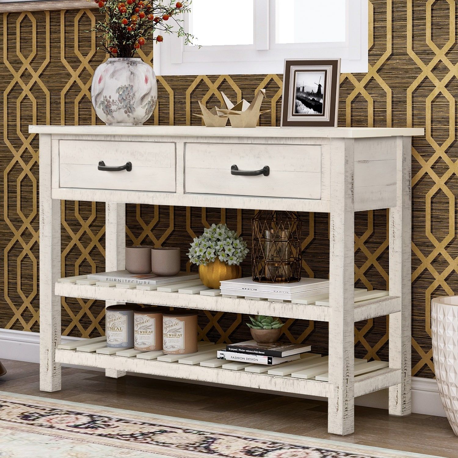 Retro Console Table Sideboard Cabinet For Entryway With 2 Drawers And 2  Slatted Bottom Shelves, Antique White – Bed Bath & Beyond – 34861028 In Entry Console Sideboards (View 7 of 15)