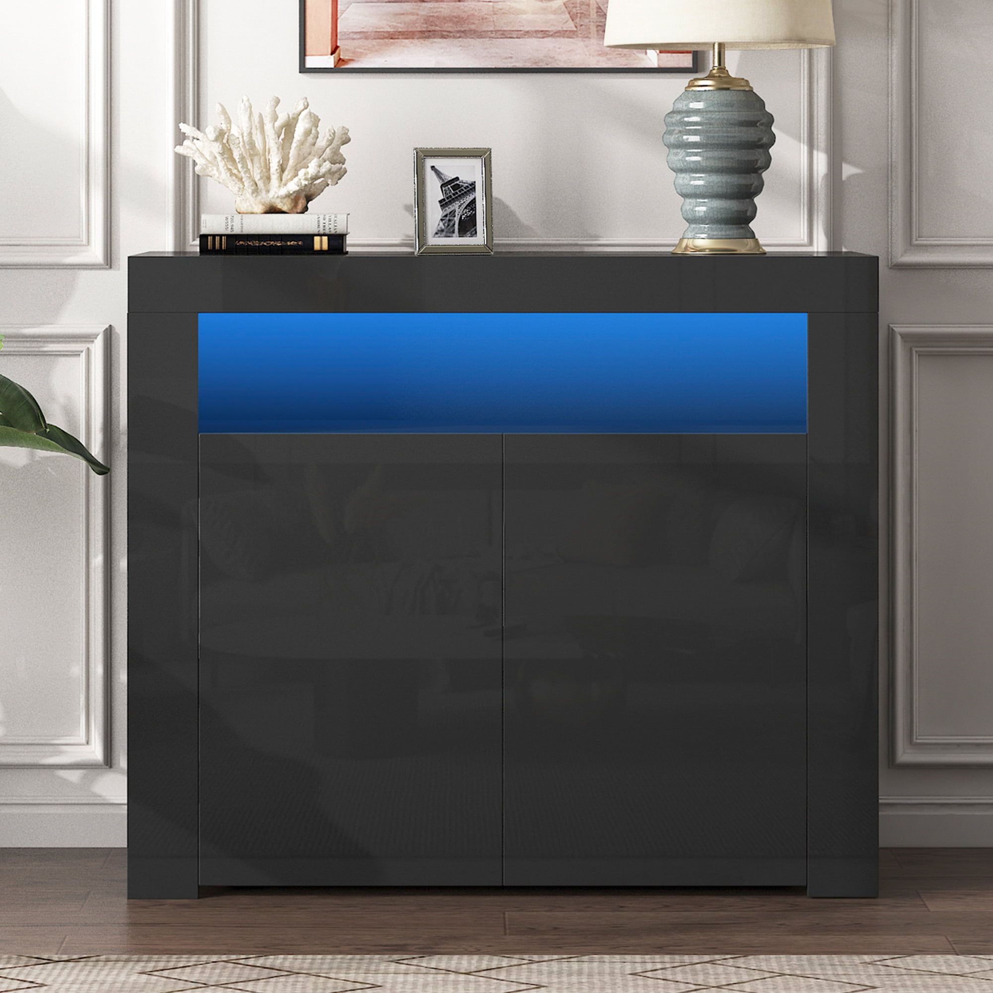 Seventh Sideboard Buffet Cabinet, High Gloss Wood Sideboard Cupboard With Led  Lights And Shelves, Kitchen Storage Server Table With Open Space, Modern  Dining Room Sideboards And Buffets, Black – Walmart Inside Sideboards With Led Light (View 2 of 15)