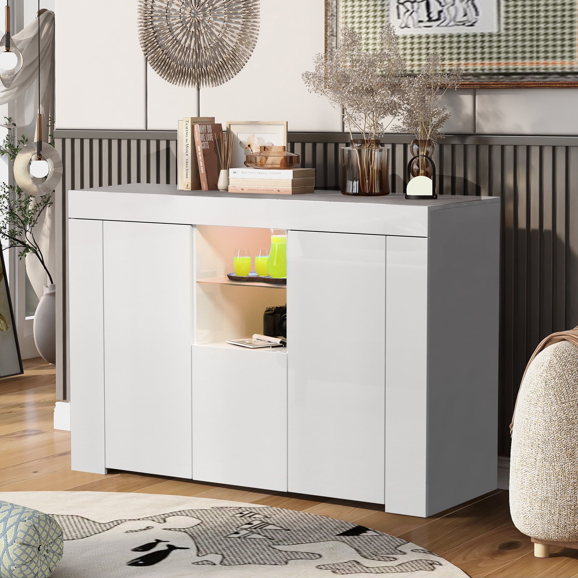 Sideboard Buffet Cabinet, Seventh High Gloss Wood Sideboard Cupboard With Led  Lights And Shelves, Kitchen Storage Server Table With Open Space, Modern  Dining Room Sideboards And Buffets, White, J4130 – Walmart Intended For Sideboards With Led Light (View 8 of 15)