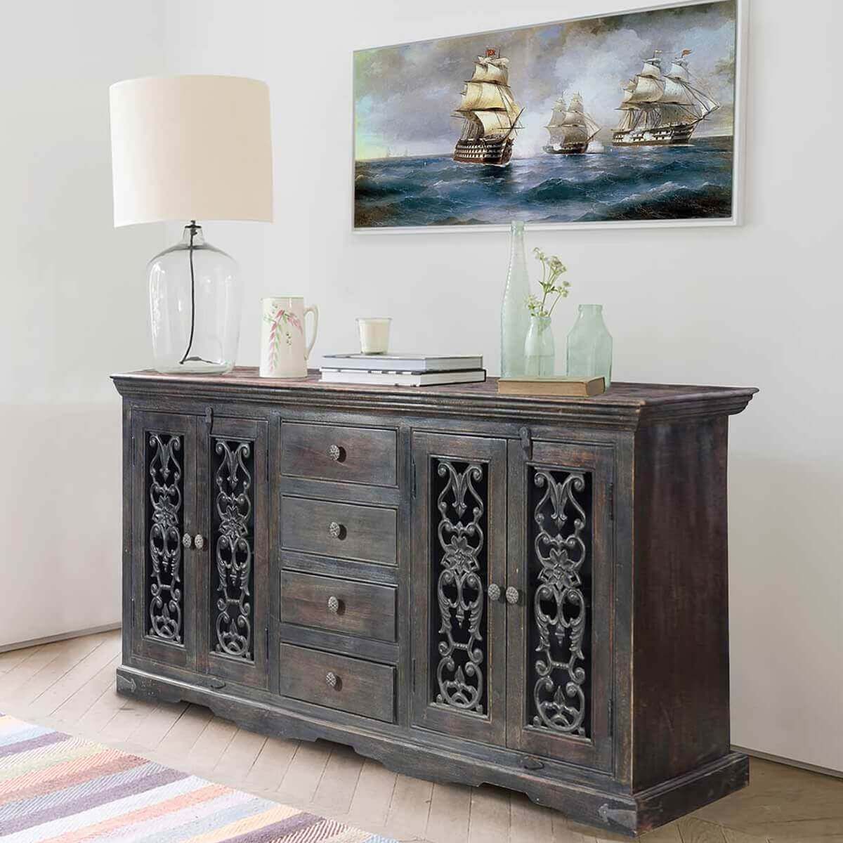 Smokey Grey Traditional Rustic Solid Wood 4 Drawer Large Sideboard Within Gray Wooden Sideboards (Photo 6 of 15)