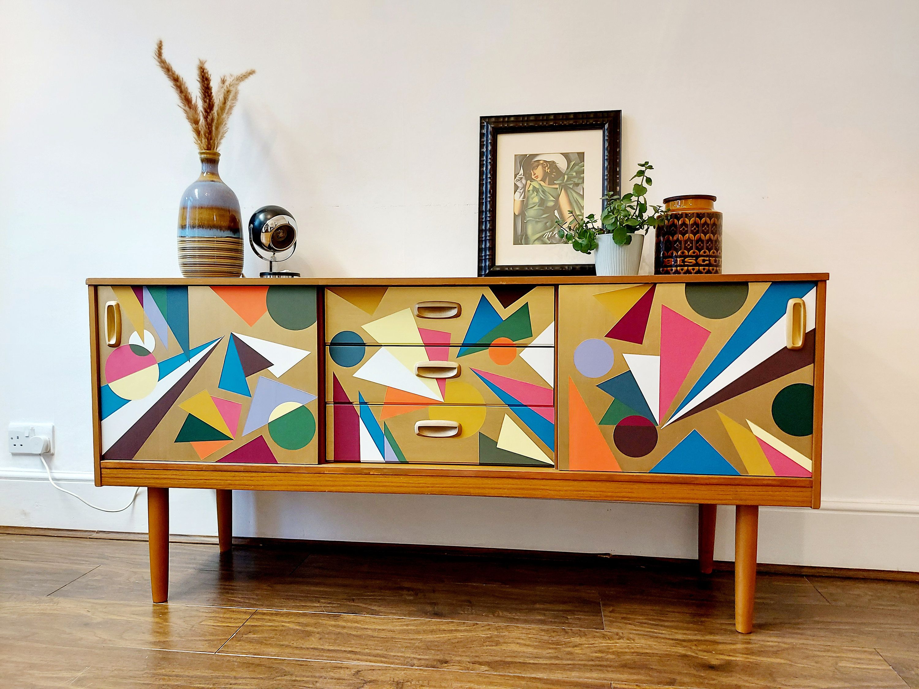 Sold Geometric Cabinet Painted Sideboard Credenza Up Cycled – Etsy With Geometric Sideboards (View 7 of 15)