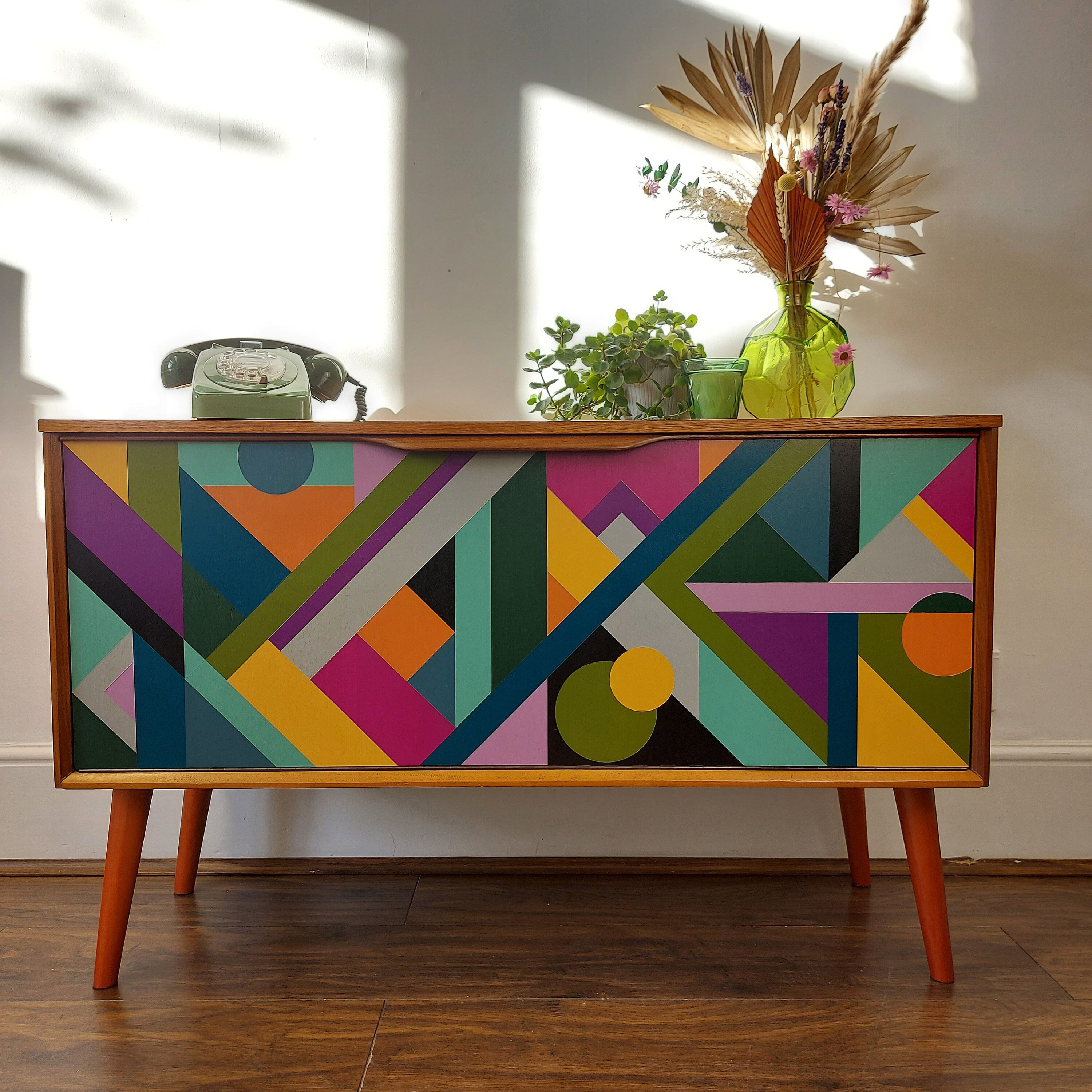 Sold Geometric Sideboard Hand Painted Credenza Up Cycled – Etsy With Regard To Geometric Sideboards (View 5 of 15)