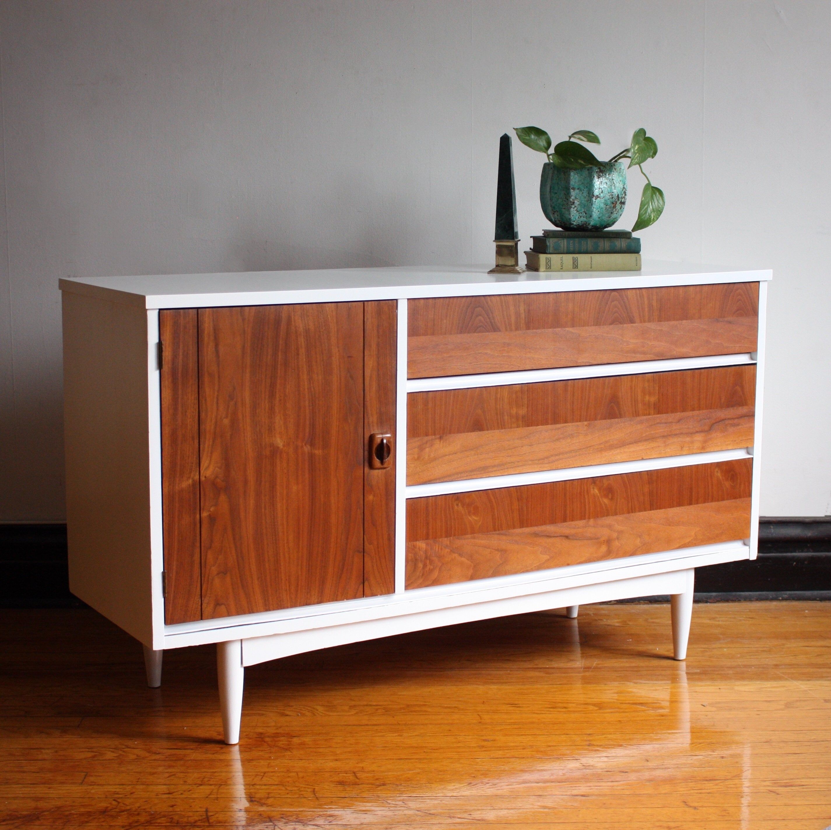 Soldwhite And Wood Mid Century Modern Credenza//mcm Media – Etsy Within Mid Century Modern White Sideboards (View 8 of 15)