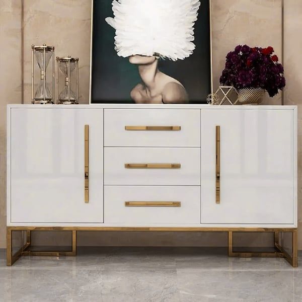 Stovf Modern 47" White Buffet 2 Doors & 3 Drawers Kitchen Storage Sideboard  Cabinet Gold Homary With 3 Drawers Sideboards Storage Cabinet (View 13 of 15)