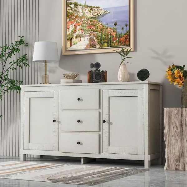 Urtr Antique White Retro Buffet Sideboard Storage Cabinet With 2 Cabinets  And 3 Drawers, Large Storage Spaces For Dining Room T 01233 K – The Home  Depot Pertaining To Wide Buffet Cabinets For Dining Room (View 11 of 15)