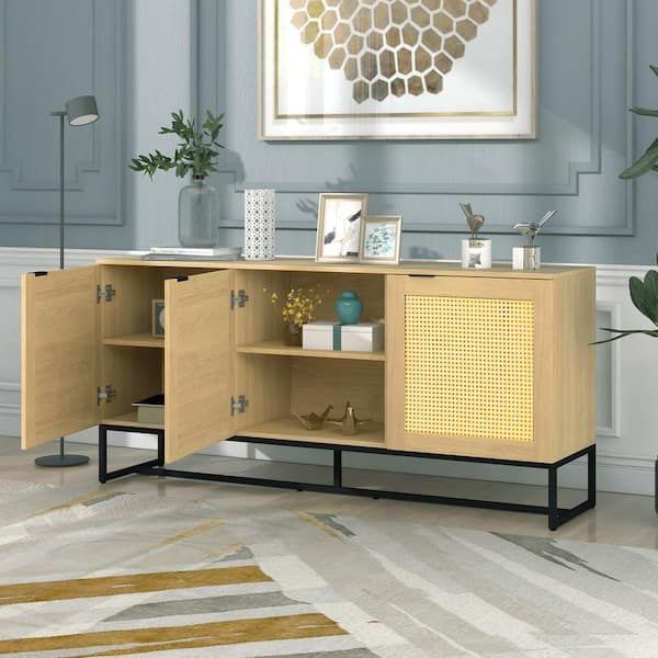 Urtr Wicker Natural Sideboard Storage Cabinet With 3 Doors, Wooden Mdf Console  Table Kitchen Dining Room Storage Cupboard T 01374 – The Home Depot Regarding Sideboards Cupboard Console Table (View 2 of 15)