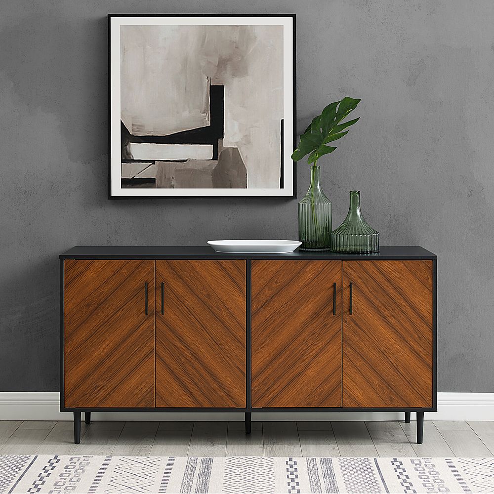 Walker Edison 58” Mid Century Modern Faux Bookmatch Buffet Acorn Bookmatch  / Solid Black Bbu58hpbmacbsb – Best Buy With Regard To Sideboards Bookmatch Buffet (Photo 2 of 15)