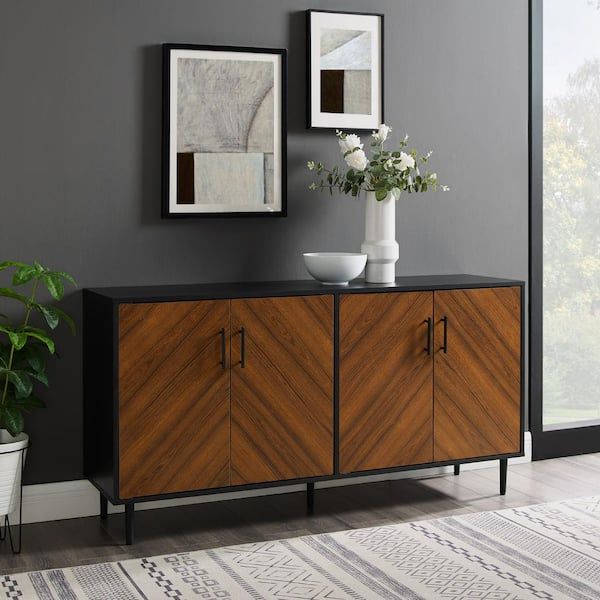 Walker Edison Furniture Company Hampton 58 In. Acorn Bookmatch And Solid  Black Buffet Stand Hd8822 – The Home Depot Intended For Sideboards Bookmatch Buffet (Photo 6 of 15)