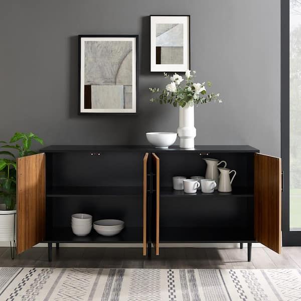 Walker Edison Furniture Company Hampton 58 In. Acorn Bookmatch And Solid  Black Buffet Stand Hd8822 – The Home Depot Throughout Sideboards Bookmatch Buffet (Photo 5 of 15)