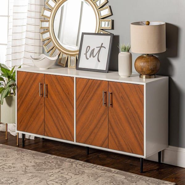 Walker Edison Furniture Company Hampton 58 In. Solid White And Teak Bookmatch  Buffet Stand Hdu58hpbmwht – The Home Depot With Regard To Sideboards Bookmatch Buffet (Photo 1 of 15)