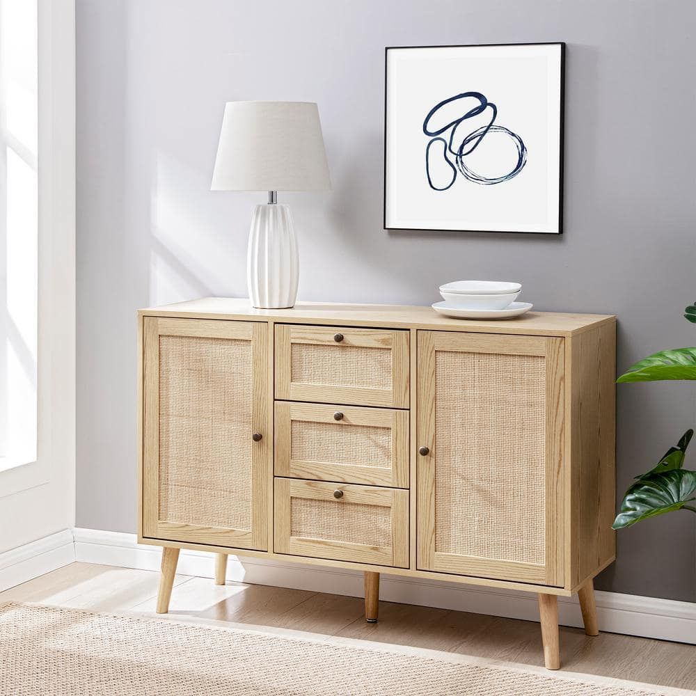 Welwick Designs Natural Wood And Rattan Boho Sideboard With 2 Doors And  3 Drawers Hd9143 – The Home Depot Inside Assembled Rattan Sideboards (View 15 of 15)