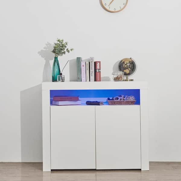 Wetiny Living Room Sideboard Storage Cabinet White High Gloss With Led Light,  Wooden Storage Cabinet Tv Stand With 2 Doors Sa W331s00029 – The Home Depot Throughout Sideboards With Led Light (View 15 of 15)