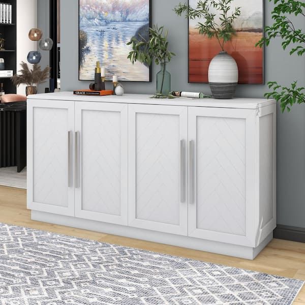 White Wood 60 In. 4 Doors Sideboard Buffet Cabinet With Adjustable Shelves  And Large Storage Space Fy Xw000013aak – The Home Depot Inside Sideboard Buffet Cabinets (Photo 10 of 15)