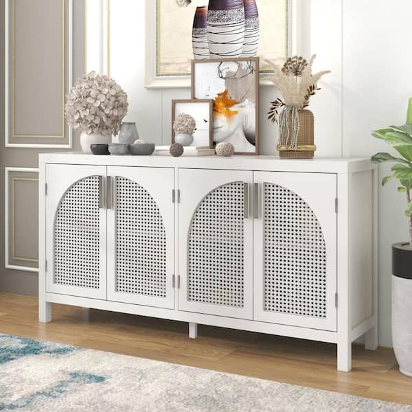 White Wood 60 In. 4 Rattan Door Sideboard Modern Buffet Cabinet With  Adjustable Shelves And Large Storage Space Fy Wf305237aak – The Home Depot Intended For Assembled Rattan Sideboards (Photo 10 of 15)