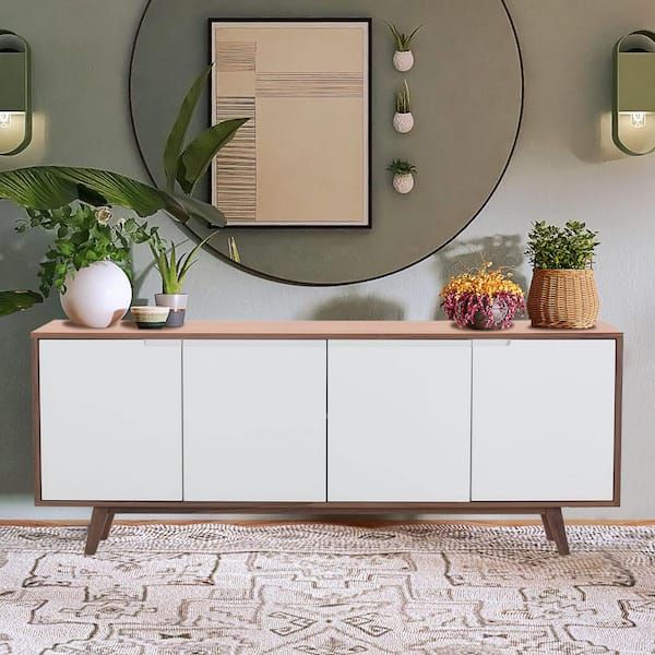 Zeus & Ruta Walnut Wood And White Buffet Table With 4 Doors 2 Adjustable  Shelves Solid Wood Legs Mid Century Modern Console Table Ssi211209 – The  Home Depot Intended For Mid Century Modern White Sideboards (View 12 of 15)