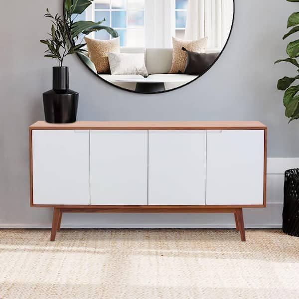 Zeus & Ruta Walnut Wood And White Buffet Table With 4 Doors 2 Adjustable  Shelves Solid Wood Legs Mid Century Modern Console Table Ssi211209 – The  Home Depot Pertaining To Mid Century Modern White Sideboards (Photo 3 of 15)