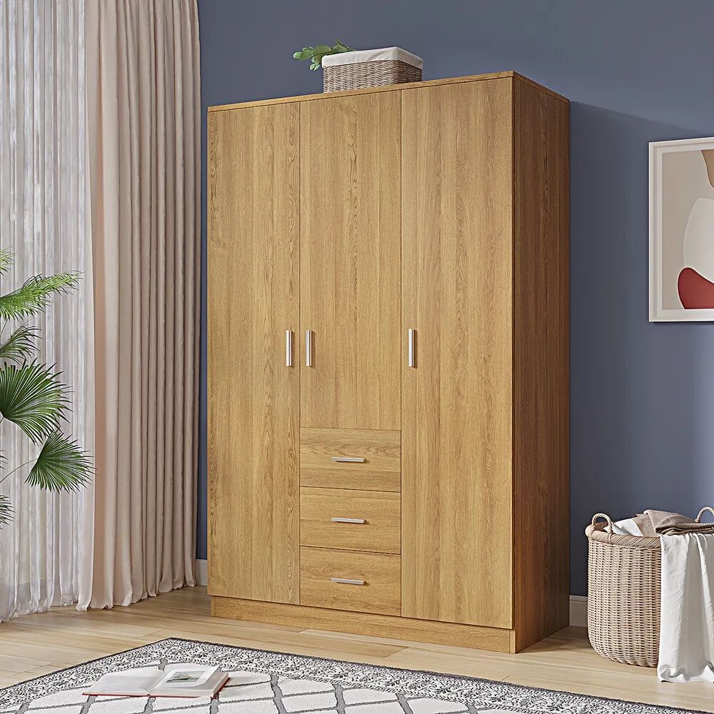 180cm Wooden 3 Door Wardrobe With 3 Drawers Bedroom Storage Hanging Bar  Clothes | Ebay In Wardrobes With 3 Drawers (View 4 of 15)