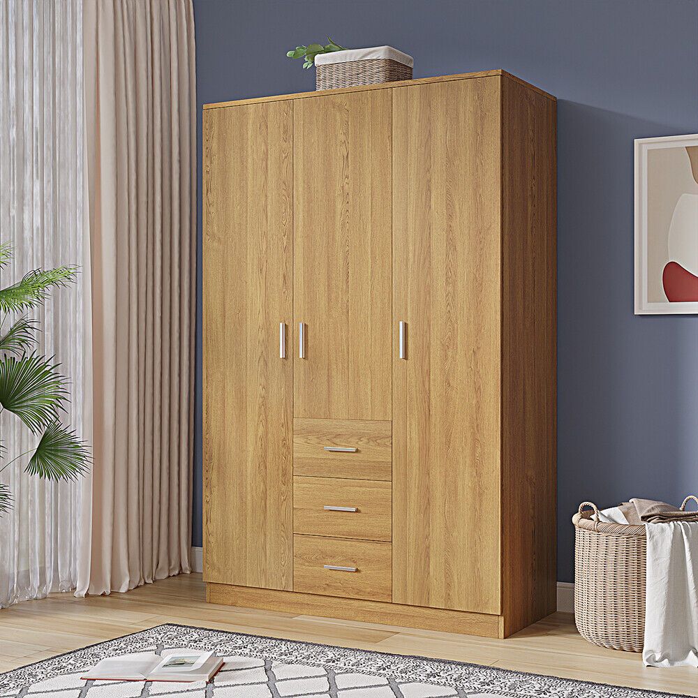 180cm Wooden 3 Door Wardrobe With 3 Drawers Bedroom Storage Hanging Bar  Clothes | Ebay With Regard To Wardrobes With 3 Hanging Rod (View 6 of 15)
