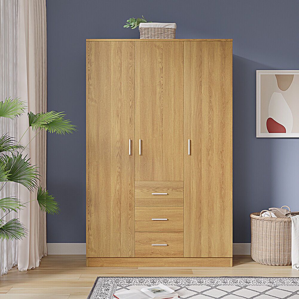 180cm Wooden 3 Door Wardrobe With 3 Drawers Bedroom Storage Hanging Bar  Clothes | Ebay Within Wardrobes With 3 Hanging Rod (View 11 of 15)