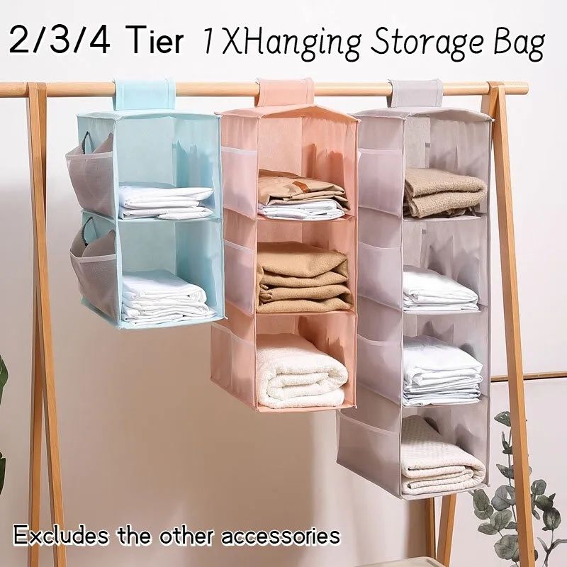 2/3/4 Tier Hanging Storage Bag For Clothes Wardrobe Hangers Closet  Organizers | Ebay With 3 Shelf Hanging Shelves Wardrobes (View 14 of 15)