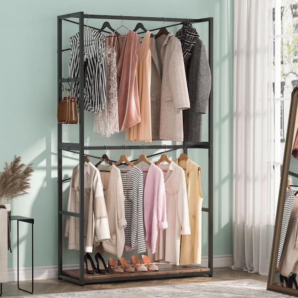 Byblight 78 In. Brown Free Standing Industrial Clothes Rack Freestanding  Closet Organizer Storage With Double Rods Bb U028gx1 – The Home Depot For Standing Closet Clothes Storage Wardrobes (Photo 12 of 15)