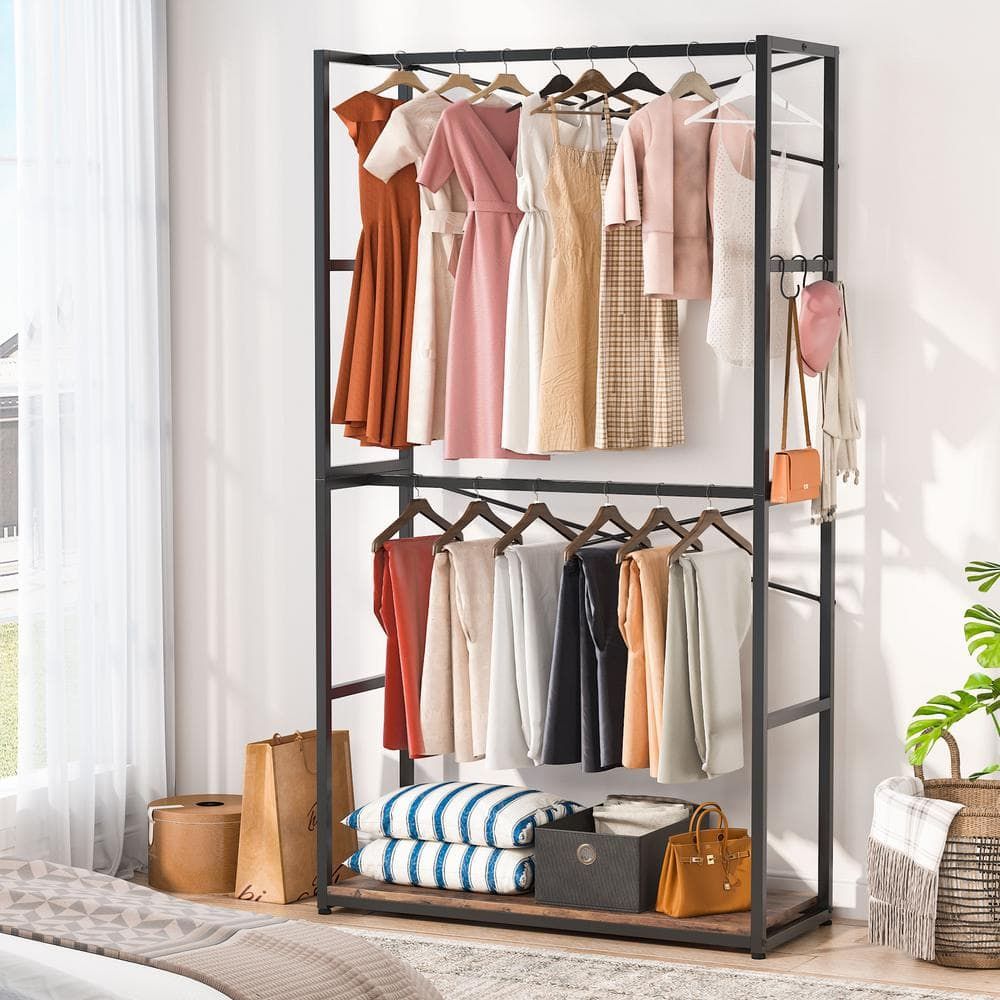 Byblight Brown Free Standing Closet Organizer Garment Rack With Double  Hanging Rod Bb U0028gx – The Home Depot For Hanging Wardrobe Shelves (View 14 of 15)
