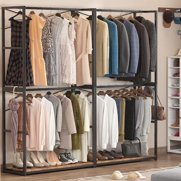 Byblight Brown Free Standing Closet Organizer Garment Rack With Double  Hanging Rod Bb U0028gx – The Home Depot Intended For Double Up Wardrobe Rails (View 5 of 15)