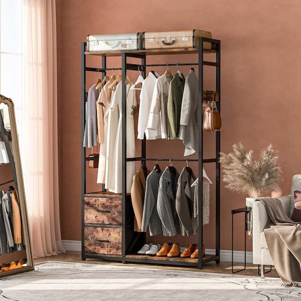 Byblight Carmalita Brown Garment Rack With 2 Fabric Drawers, Freestanding  Closet Organizer With Shelves And 3 Hanging Rods Bb C0621gx – The Home Depot Pertaining To Built In Garment Rack Wardrobes (View 12 of 15)