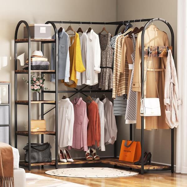 Byblight Carmalita Rustic Brown And Black L Shaped Corner Garment Rack  Closet Organizer With Storage Shelves And Coat Rack Bb Jw0199xl – The Home  Depot Intended For Double Up Wardrobe Rails (View 13 of 15)
