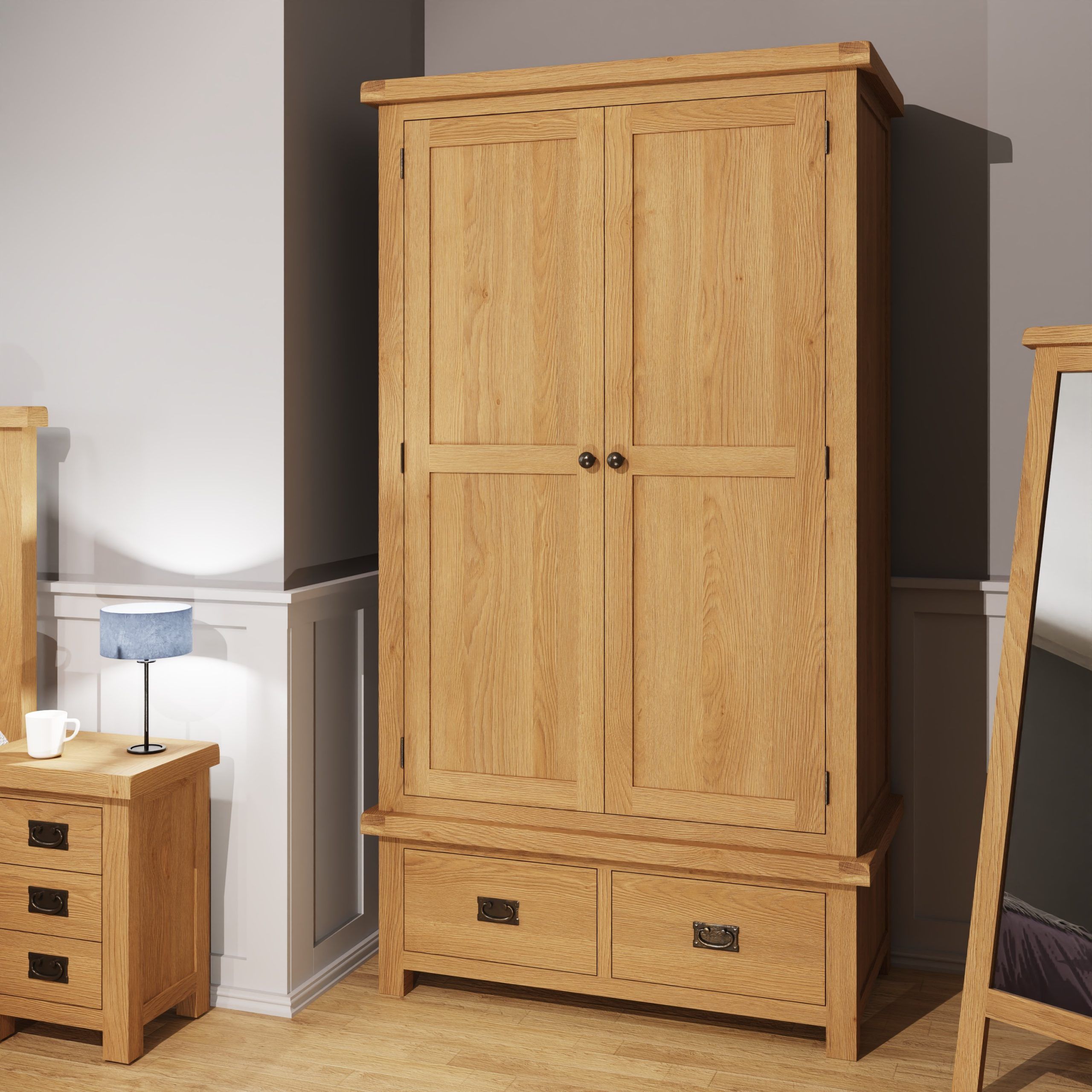 Carthorpe Oak 2 Door 2 Drawer Wardrobe – Only Oak Furniture In Wardrobes With Two Drawers (View 2 of 15)