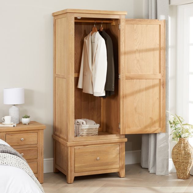 Cheshire Weathered Limed Oak Single 1 Door Wardrobe With Drawer | The  Furniture Market Intended For Double Rail Oak Wardrobes (View 13 of 15)