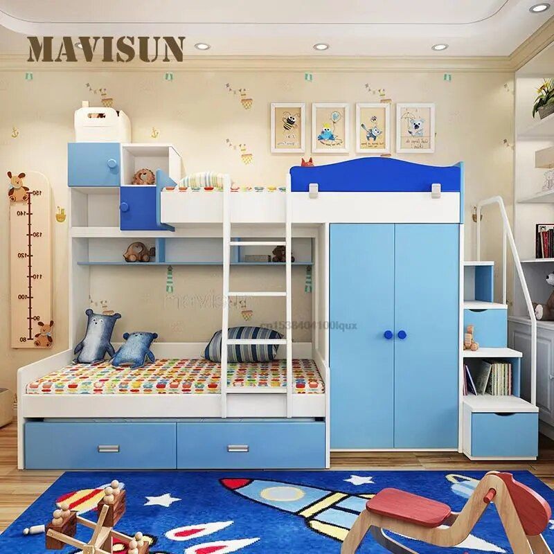 Children's Bunk Bed Combination With Guardrail And Wardrobe Multifunctional  Bed For Boys And Girls Classic Bedroom Furniture – Aliexpress Regarding Double Rail Childrens Wardrobes (View 14 of 15)