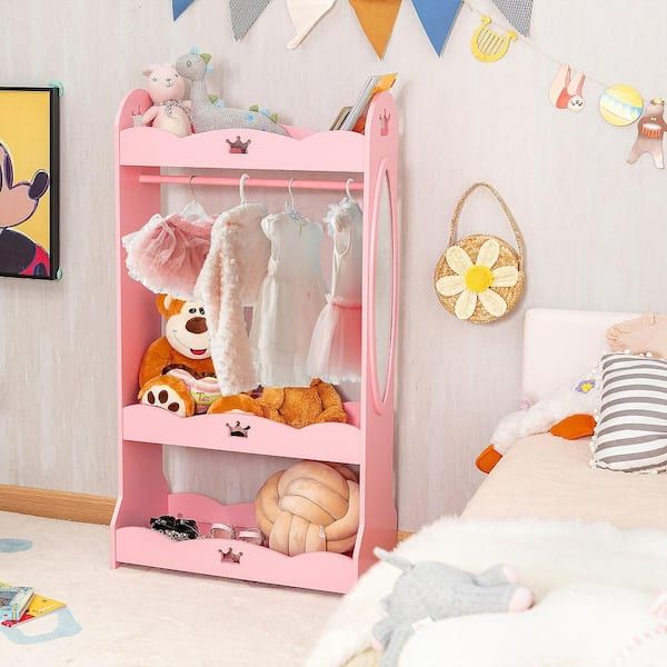 Costway Kids Dress Up Storage Hanging Armoire Dresser Pretend Costume Closet  With Mirror Tp10023pi – The Home Depot Pertaining To Kids Dress Up Wardrobe Closet (Photo 8 of 15)