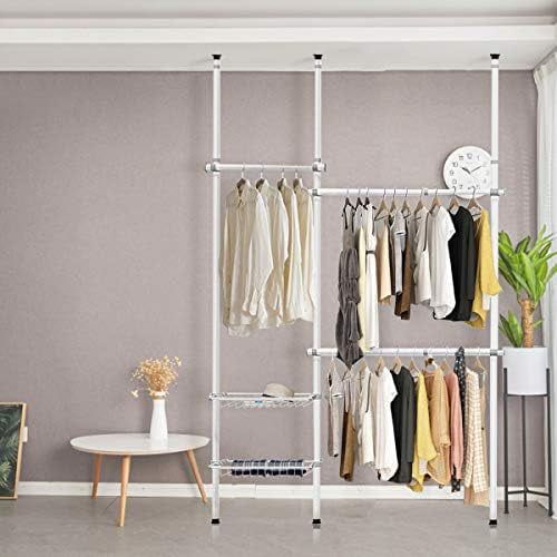 Double 2 Tier Adjustable Closet System, Floor To Ceiling Clothes Hanger  With 2 Storage Baskets & Inner Spring, Clothing Garment Rack Telescopic  Closet Organizer For Living Room, Bedroom – Walmart Pertaining To 2 Tier Adjustable Wardrobes (Photo 1 of 15)