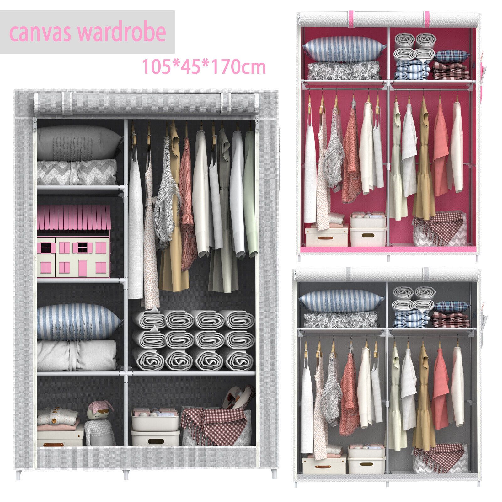 Double Fabric Canvas Wardrobe With Clothes Hanging Rail Storage Shelves  Cupboard | Ebay Throughout Tall Double Hanging Rail Wardrobes (View 10 of 15)